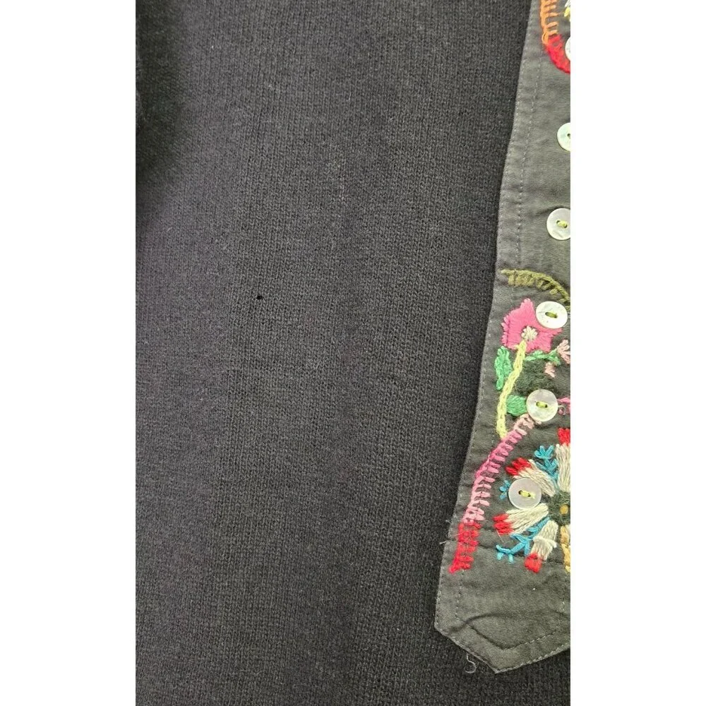 Free People Wool Black Long Sleeve Knit Tunic Floral Embroidered Henley Button P